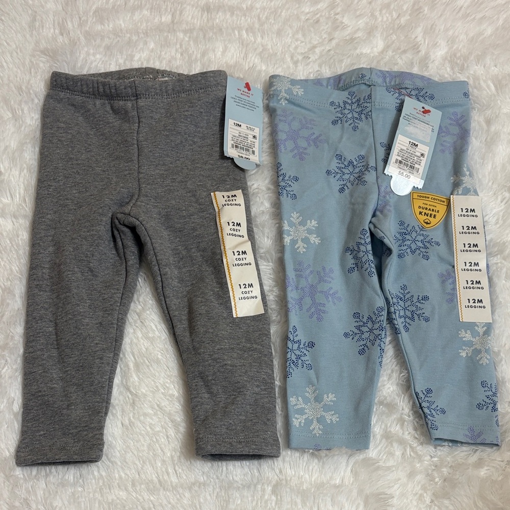 NWT Bundle Of 2 Cat & Jack Leggings Size 12M Snowflake And Grey Cozy Style